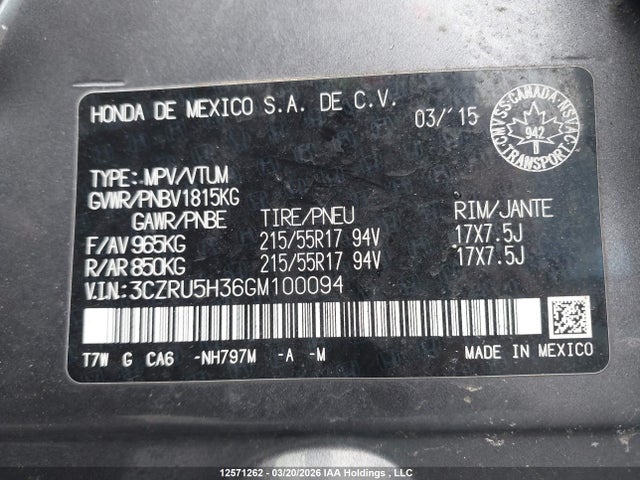 3CZRU5H36GM100094 Honda HR-V