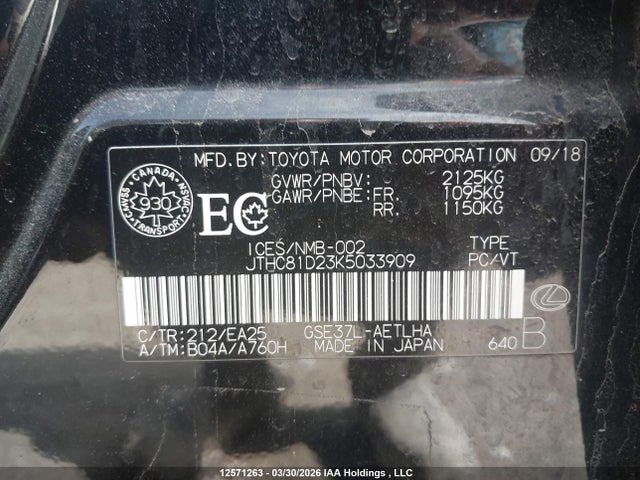 Aukcja sprzedaży 2019 Lexus Is 300 300, vin: JTHC81D23K5033909, numer aukcji: 12571263