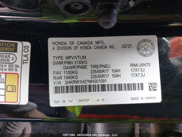 12571264 :رقم المزاد ، 2HKRW1H27MH001091 vin ، 2021 Honda Cr-v Lx مزاد بيع