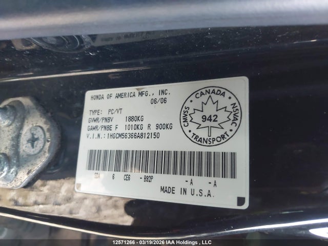 Aukcja sprzedaży 2006 Honda Accord Se, vin: 1HGCM56366A812150, numer aukcji: 12571266