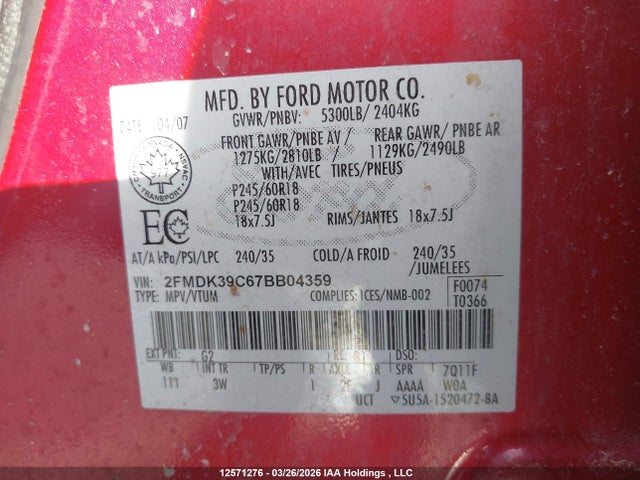 Aukcja sprzedaży 2007 Ford Edge, vin: 2FMDK39C67BB04359, numer aukcji: 12571276