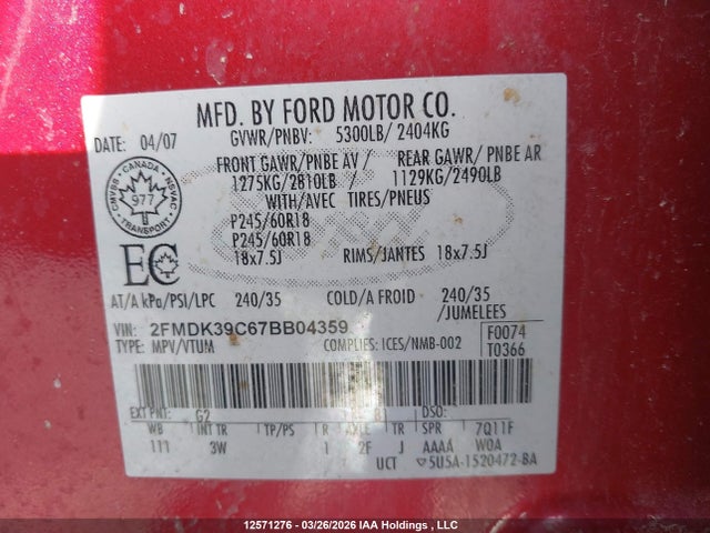 Aukcja sprzedaży 2007 Ford Edge, vin: 2FMDK39C67BB04359, numer aukcji: 12571276