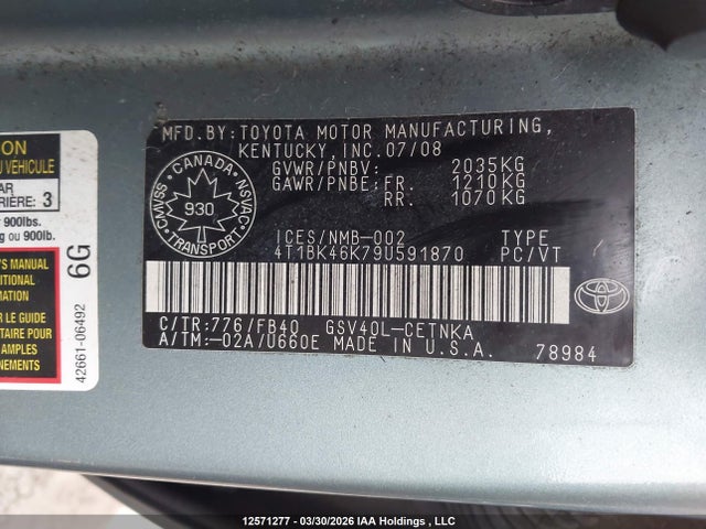 2009 Toyota Camry Se/le/xle მანქანა იყიდება აუქციონზე, vin: 4T1BK46K79U591870, აუქციონის ნომერი: 12571277