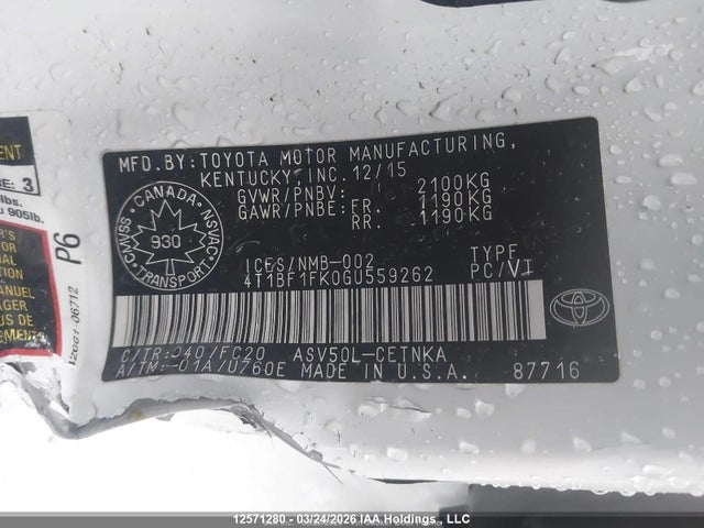 2016 Toyota Camry Le მანქანა იყიდება აუქციონზე, vin: 4T1BF1FK0GU559262, აუქციონის ნომერი: 12571280