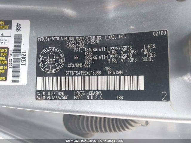 12571282 :رقم المزاد ، 5TFBT54159X015386 vin ، 2009 Toyota Tundra مزاد بيع