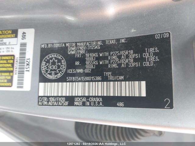 12571282 :رقم المزاد ، 5TFBT54159X015386 vin ، 2009 Toyota Tundra مزاد بيع