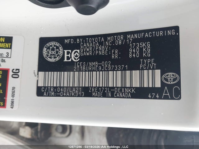 12571286 :رقم المزاد ، 2T1BURHE9JC973371 vin ، 2018 Toyota Corolla L/le/xle/se/xse مزاد بيع