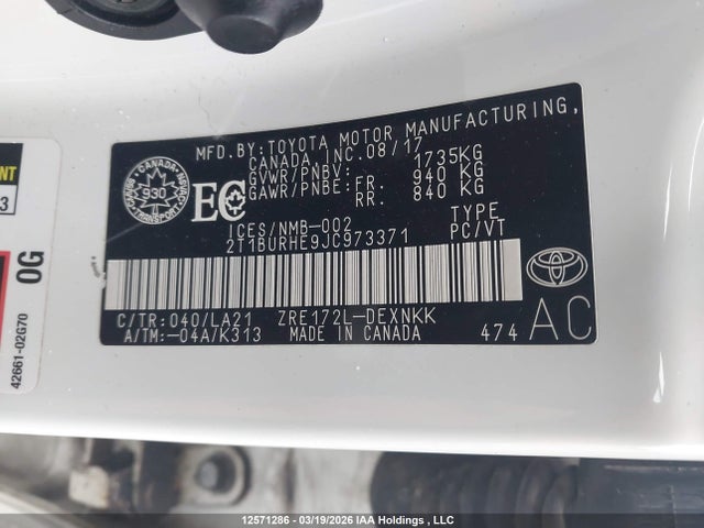 12571286 :رقم المزاد ، 2T1BURHE9JC973371 vin ، 2018 Toyota Corolla L/le/xle/se/xse مزاد بيع