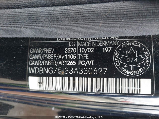 12571292 :رقم المزاد ، WDBNG75J33A330627 vin ، 2003 Mercedes-benz S 500 مزاد بيع