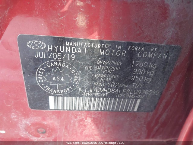 12571294 :رقم المزاد ، KMHD84LF3LU970595 vin ، 2020 Hyundai Elantra مزاد بيع