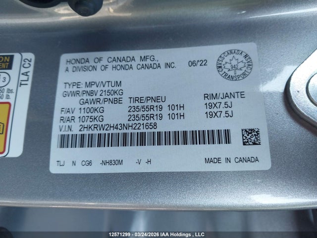 2HKRW2H43NH221658 Honda CR-V
