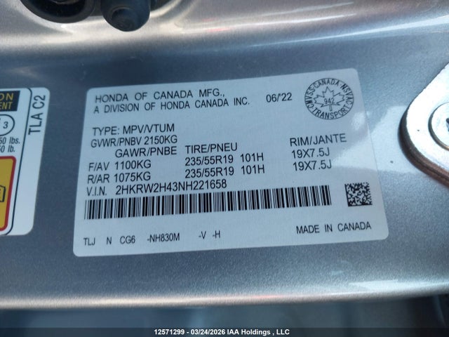 2HKRW2H43NH221658 Honda CR-V