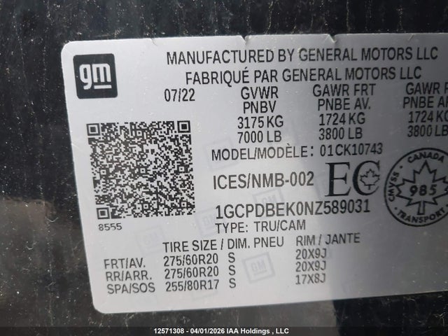 1GCPDBEK0NZ589031 Chevrolet Silverado K1500 Custom