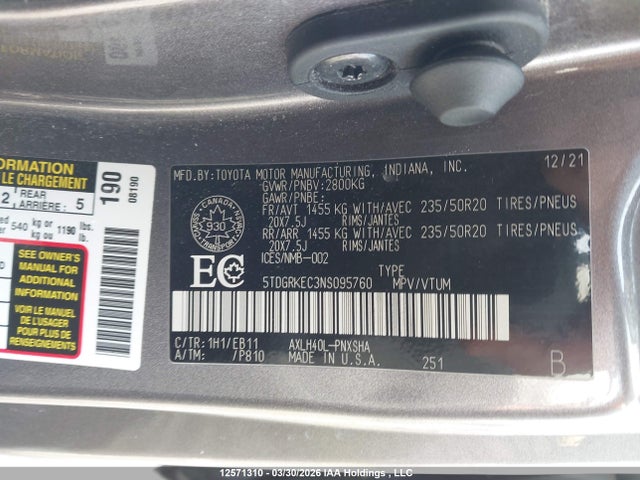 2022 Toyota Sienna Xse 7-passenger მანქანა იყიდება აუქციონზე, vin: 5TDGRKEC3NS095760, აუქციონის ნომერი: 12571310