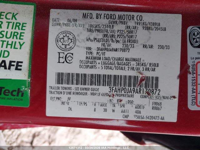 Продажа на аукционе авто 2010 Ford Fusion Sel, vin: 3FAHP0JA9AR170872, номер лота: 12571312