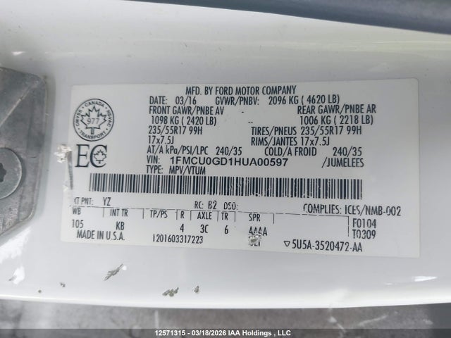1FMCU0GD1HUA00597 Ford ESCAPE SE