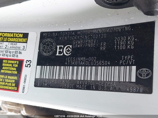 4T1K61AK0LU356504 Toyota CAMRY XSE