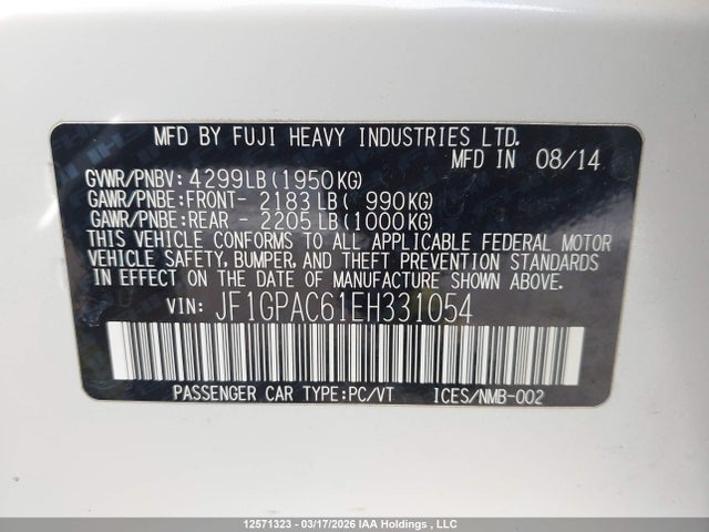 Aukcja sprzedaży 2014 Subaru Impreza Premium, vin: JF1GPAC61EH331054, numer aukcji: 12571323