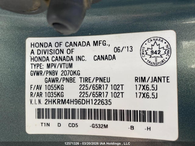 Продаж на аукціоні авто 2013 Honda Cr-v Touring, vin: 2HKRM4H96DH122635, номер лоту: 12571326