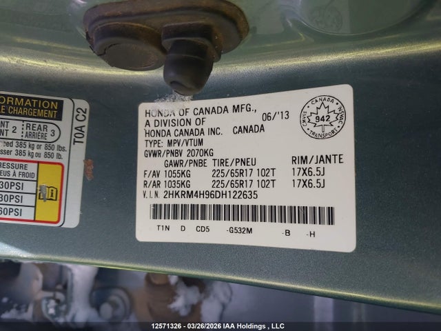 Продаж на аукціоні авто 2013 Honda Cr-v Touring, vin: 2HKRM4H96DH122635, номер лоту: 12571326