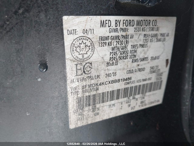 Aukcja sprzedaży 2011 Ford Edge Limited, vin: 2FMDK4KCXBBB19486, numer aukcji: 12552648