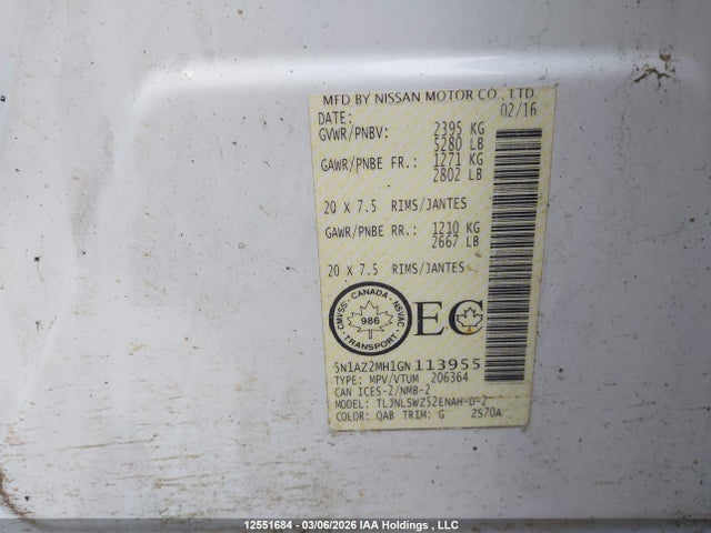 5N1AZ2MH1GN113955 Nissan Murano Platinum/sl/sv