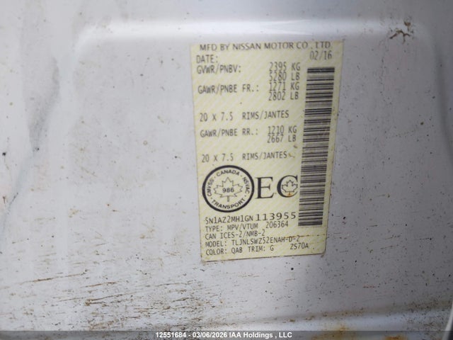 5N1AZ2MH1GN113955 Nissan Murano Platinum/sl/sv