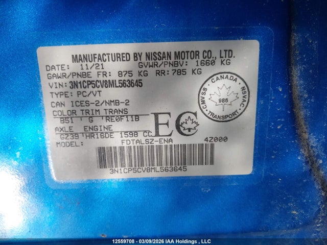 Auction sale of the 2021 Nissan Kicks Sv, vin: 3N1CP5CV8ML563645, lot number: 12559708