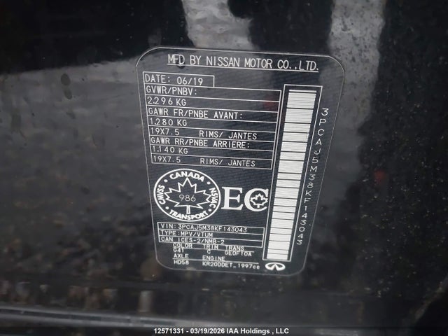 Продаж на аукціоні авто 2019 Infiniti Qx50, vin: 3PCAJ5M38KF143043, номер лоту: 12571331