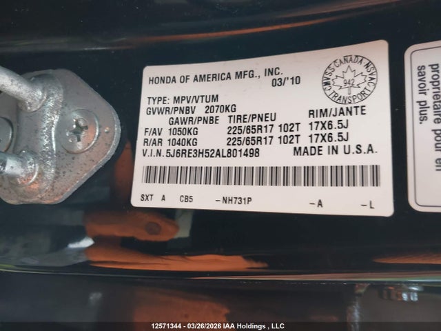 12571344 :رقم المزاد ، 5J6RE3H52AL801498 vin ، 2010 Honda Cr-v Ex مزاد بيع