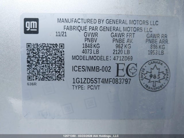 12571350 :رقم المزاد ، 1G1ZD5ST4MF083797 vin ، 2021 Chevrolet Malibu Lt مزاد بيع