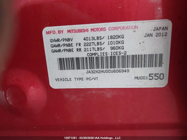 12571351 :رقم المزاد ، JA32X2HU0CU606949 vin ، 2012 Mitsubishi Lancer Sportback مزاد بيع