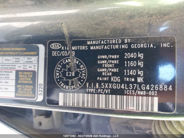 5XXGU4L37LG426884 KIA OPTIMA EX