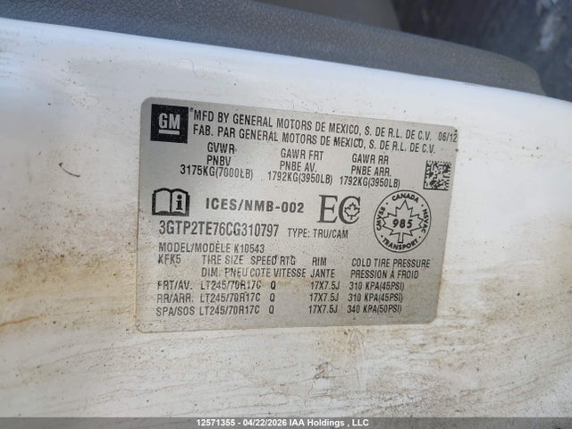 Aukcja sprzedaży 2012 Gmc Sierra 1500, vin: 3GTP2TE76CG310797, numer aukcji: 12571355