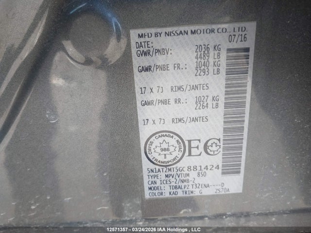 5N1AT2MT5GC881424 Nissan ROGUE S/SV