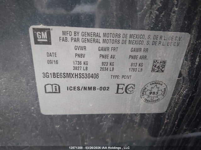 3G1BE6SMXHS530406 Chevrolet Cruze