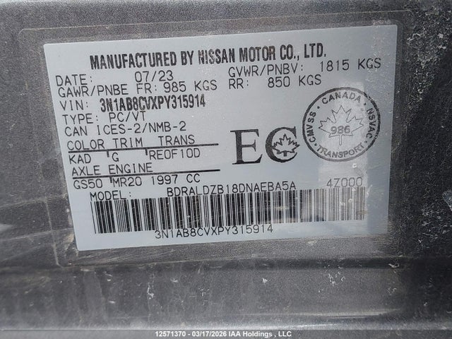 3N1AB8CVXPY315914 Nissan Sentra