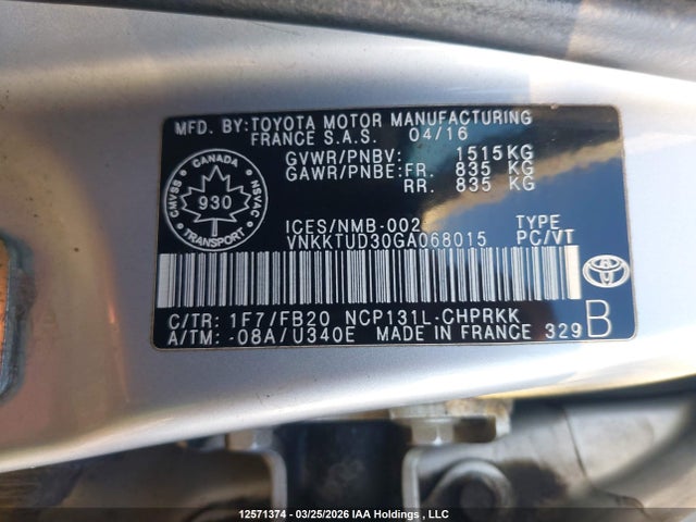 VNKKTUD30GA068015 Toyota YARIS LE