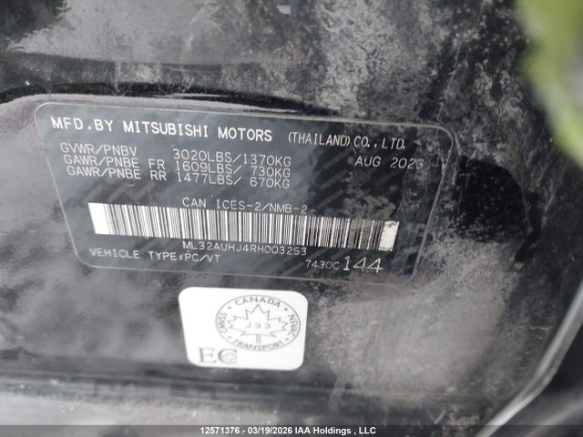 Aukcja sprzedaży 2024 Mitsubishi Mirage Es, vin: ML32AUHJ4RH003253, numer aukcji: 12571376