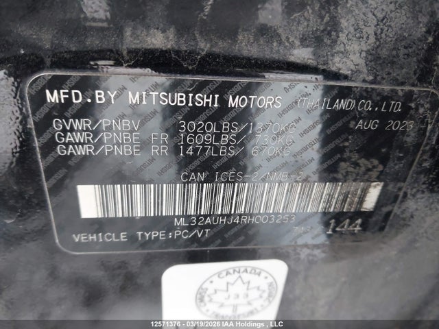 Aukcja sprzedaży 2024 Mitsubishi Mirage Es, vin: ML32AUHJ4RH003253, numer aukcji: 12571376