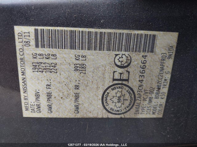 Aukcja sprzedaży 2012 Nissan Altima S, vin: 1N4AL2AP3CN436664, numer aukcji: 12571377