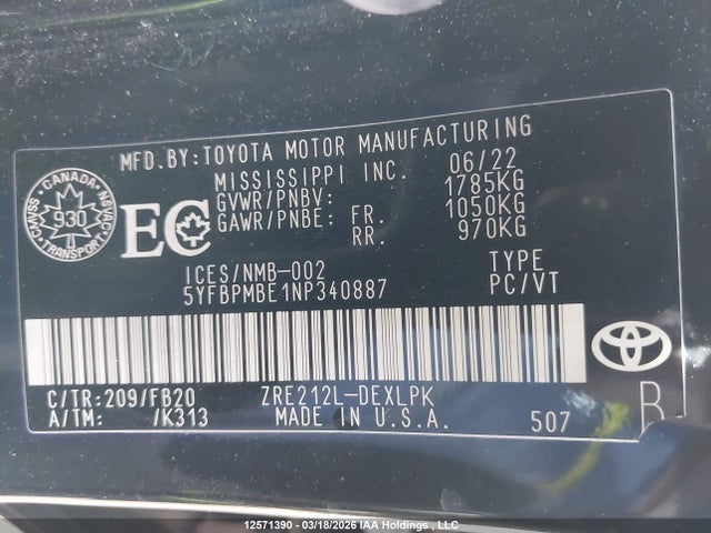 12571390 :رقم المزاد ، 5YFBPMBE1NP340887 vin ، 2022 Toyota Corolla Le مزاد بيع