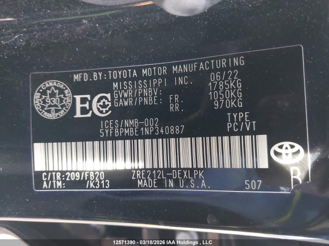 12571390 :رقم المزاد ، 5YFBPMBE1NP340887 vin ، 2022 Toyota Corolla Le مزاد بيع