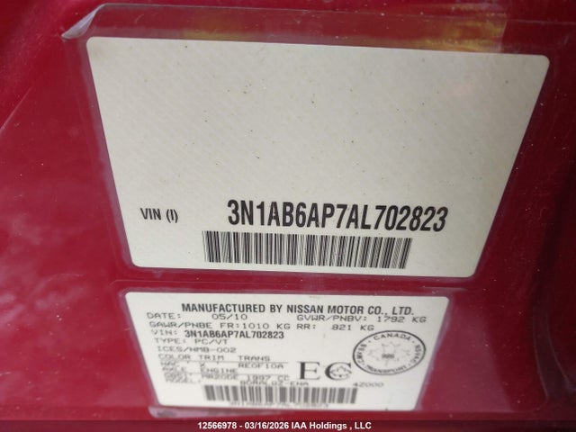 Aukcja sprzedaży 2010 Nissan Sentra 2.0, vin: 3N1AB6AP7AL702823, numer aukcji: 12566978