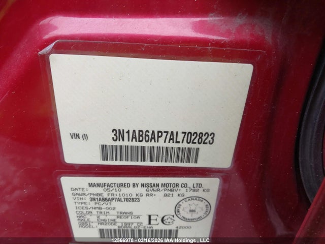 Aukcja sprzedaży 2010 Nissan Sentra 2.0, vin: 3N1AB6AP7AL702823, numer aukcji: 12566978