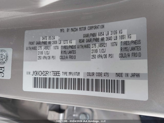 Aukcja sprzedaży 2024 Mazda Cx-90 Mhev Gt, vin: JM3KKDHD2R1179965, numer aukcji: 12571395