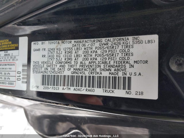 12547934 :رقم المزاد ، 5TEUU42N17Z452457 vin ، 2007 Toyota Tacoma Base V6 مزاد بيع