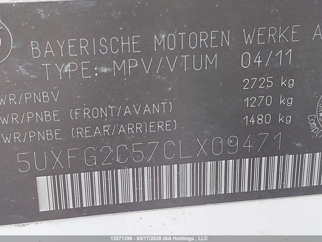 Aukcja sprzedaży 2012 Bmw X6 Xdrive35i, vin: 5UXFG2C57CLX09471, numer aukcji: 12571398