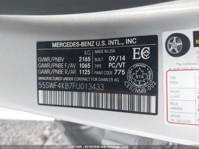 Aukcja sprzedaży 2015 Mercedes-benz C 300 4matic, vin: 55SWF4KB7FU013433, numer aukcji: 12571405