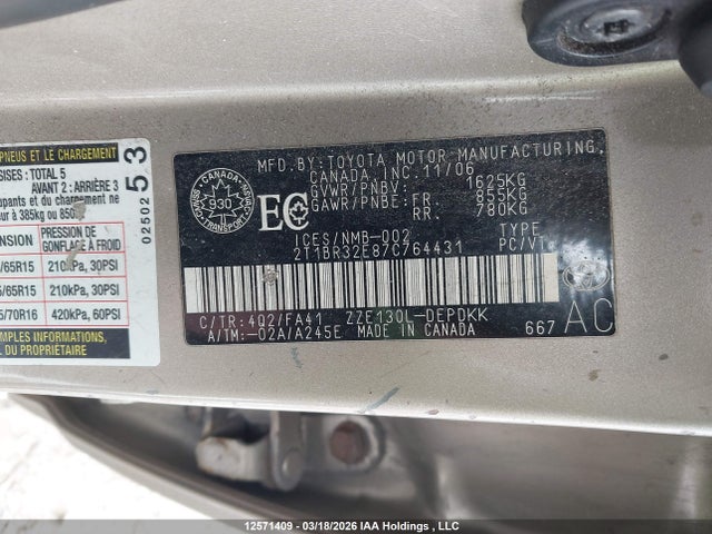 Продаж на аукціоні авто 2007 Toyota Corolla Ce/le/s, vin: 2T1BR32E87C764431, номер лоту: 12571409